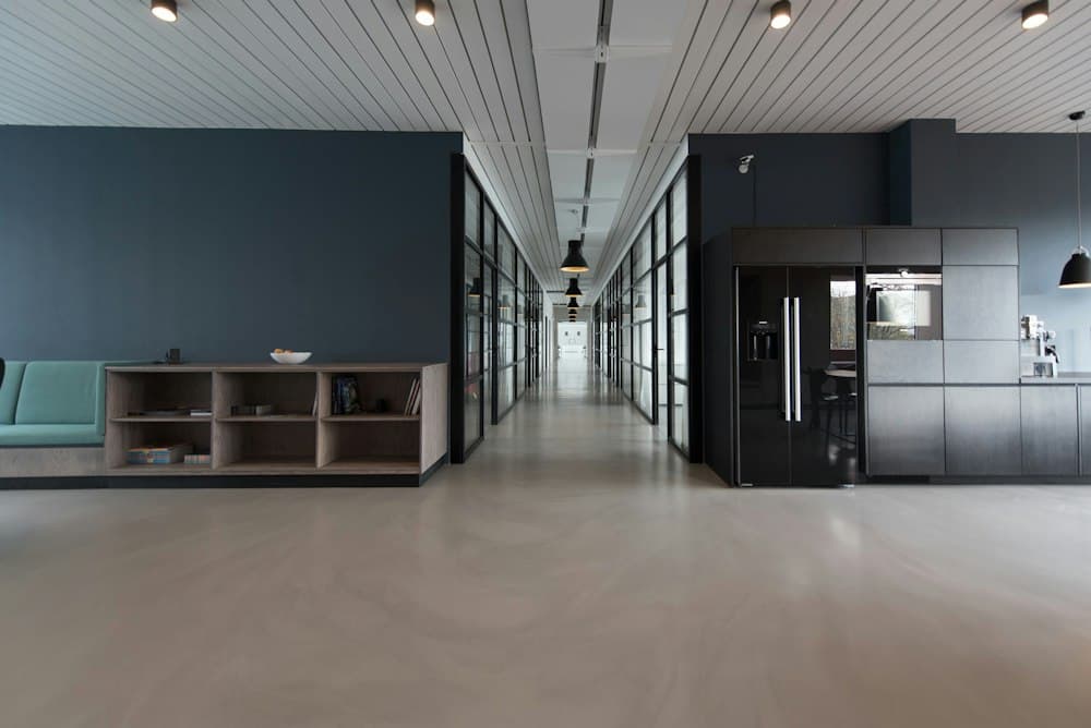 Modern office workspace equipped with computers and networking technology